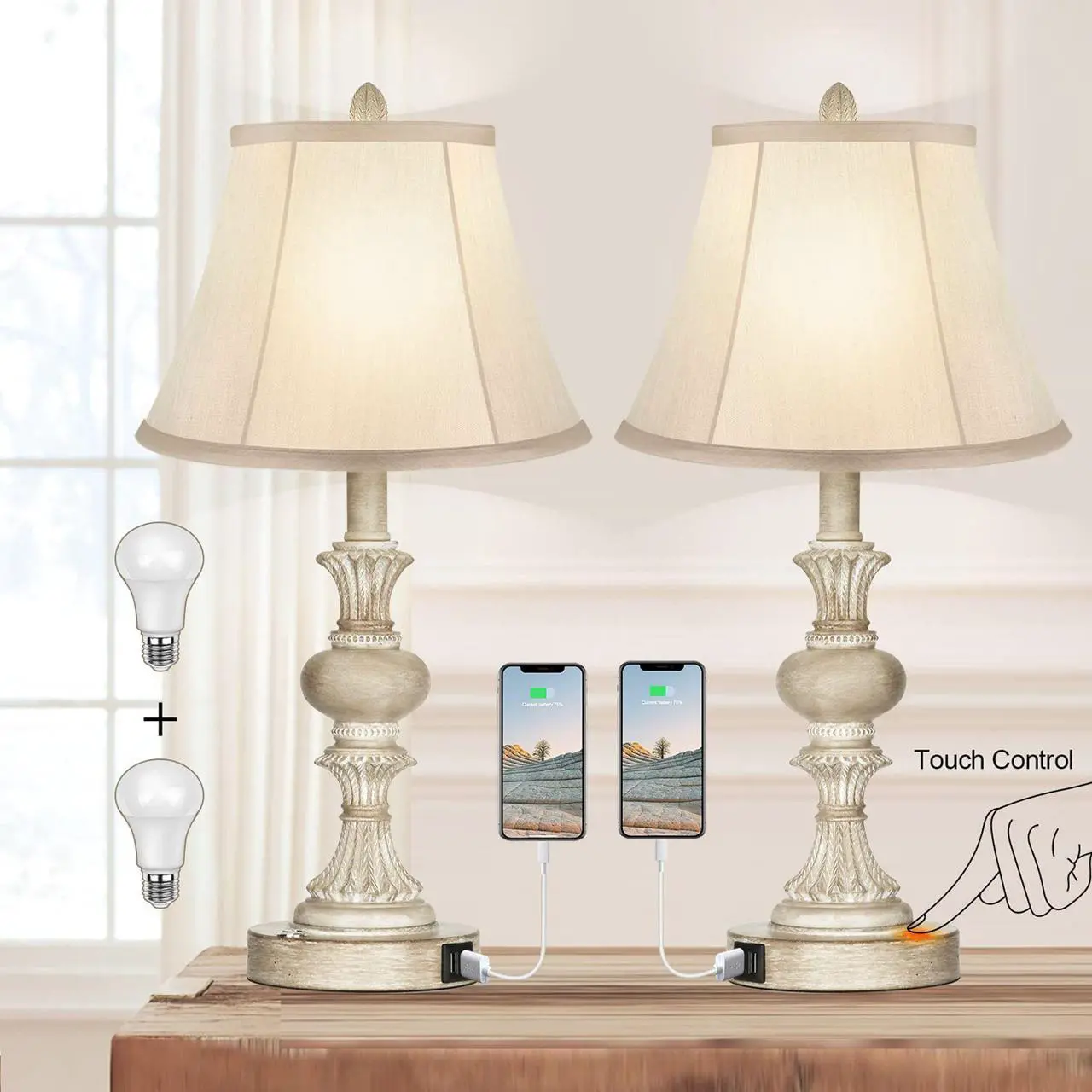 Touch Control Table Lamp Set of 2, 3-Way Dimmable Bedside Nightstand Lamp